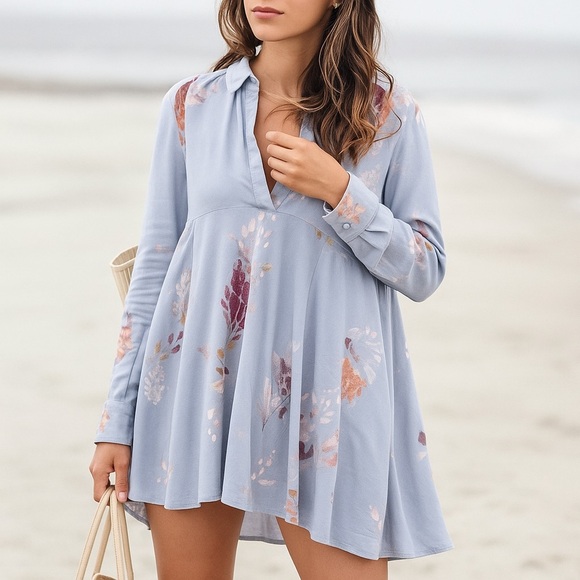Free People Painted Meadow Tunic Dress Boho Floral Button Cuff - Size Small - Picture 1 of 16